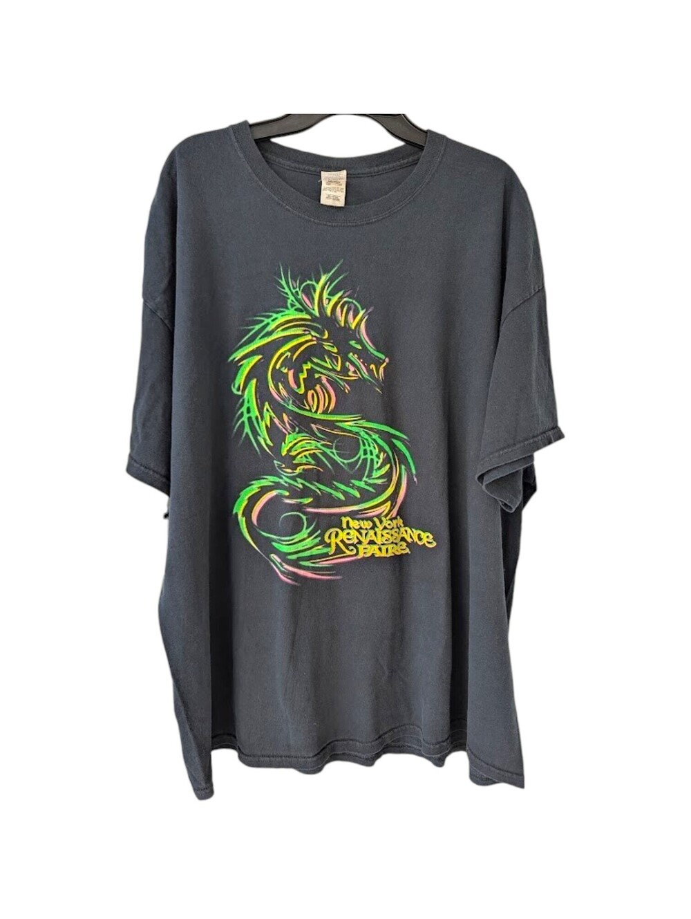 Y2K New York Renaissance Faire Dragon T-Shirt Neon Mens 3XL Black Tee 27.5x30.5